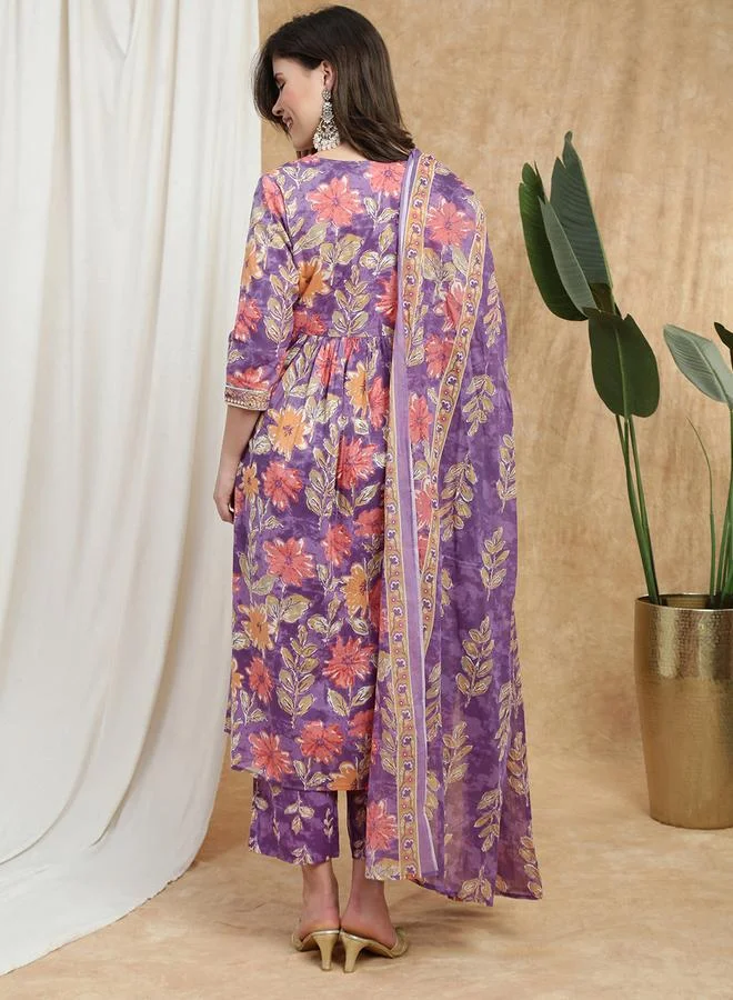 globus Women Purple Floral Embroidered Kurta with Pant and Dupatta Set